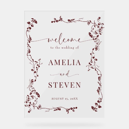 Elegante Bloemenblad Klassieke bruiloft Acryl Bord (Voorkant)