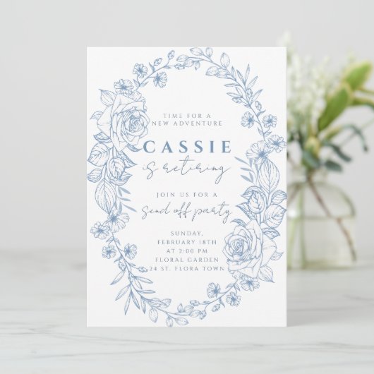 Elegante bloemenblauwe Bleke pensioneringsuitnodig Kaart (Staand voorkant)