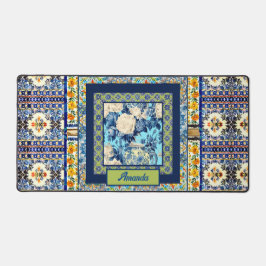 Elegante bloemenblauwe tegel chinoiserie monogram  bureaumat