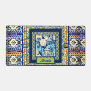 Elegante bloemenblauwe tegel chinoiserie monogram bureaumat
