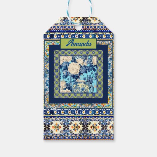 Elegante bloemenblauwe tegel chinoiserie monogram cadeaulabel (Voorkant)