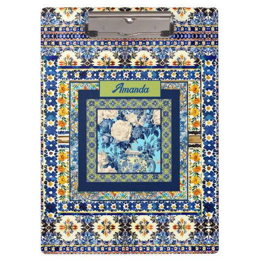 Elegante bloemenblauwe tegel chinoiserie monogram klembord (Voorkant)