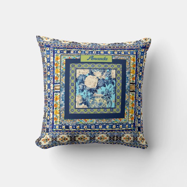 Elegante bloemenblauwe tegel chinoiserie monogram  kussen (Voorkant)