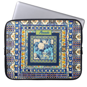 Elegante bloemenblauwe tegel chinoiserie monogram laptop sleeve