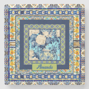 Elegante bloemenblauwe tegel chinoiserie monogram  stenen onderzetter
