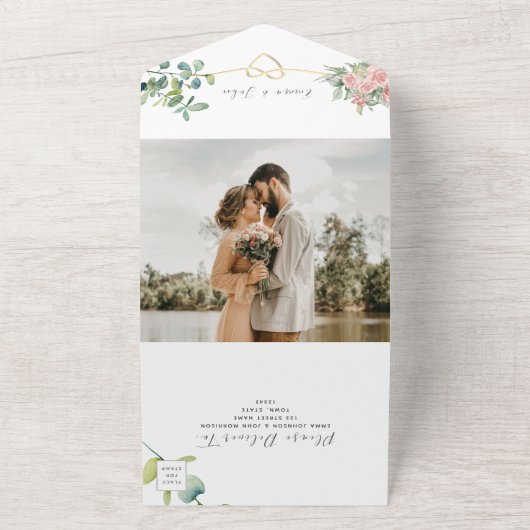 Elegante bloemenblush roze bruiloft alles in één all in one uitnodiging (Buitenkant)