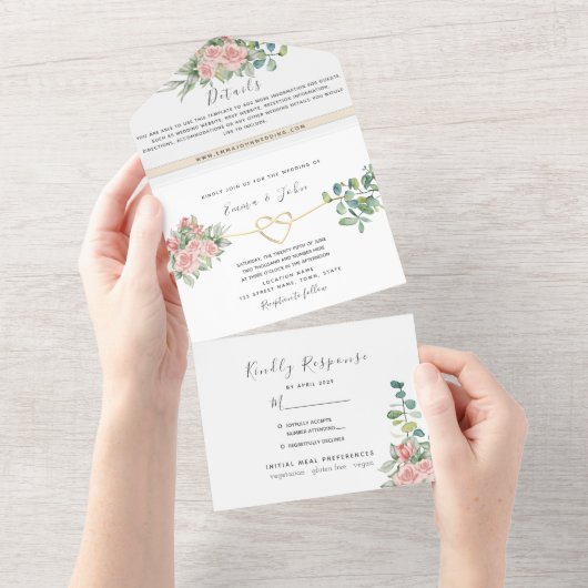 Elegante bloemenblush roze bruiloft alles in één all in one uitnodiging (Afscheurbaar)