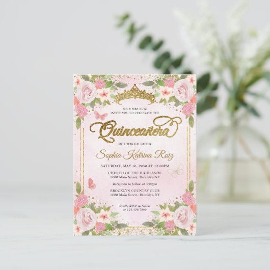 Elegante bloemenblush roze goud tiara quinceañera briefkaart (Staand voorkant)