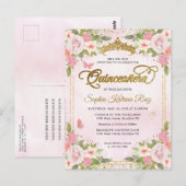 Elegante bloemenblush roze goud tiara quinceañera briefkaart (Voorkant / Achterkant)