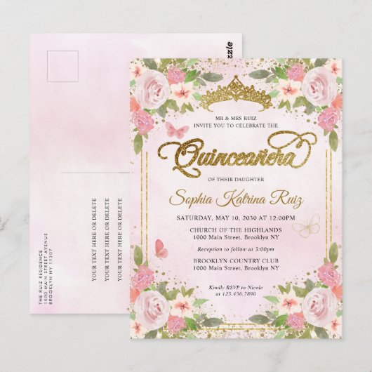 Elegante bloemenblush roze goud tiara quinceañera briefkaart (Voorkant / Achterkant)