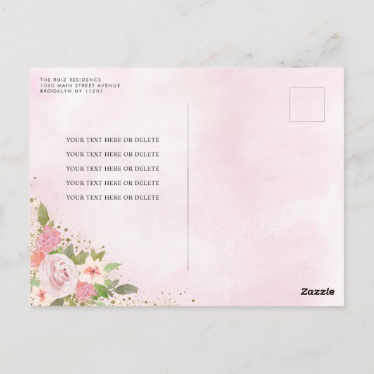 Elegante bloemenblush roze goud tiara quinceañera briefkaart (Achterkant)