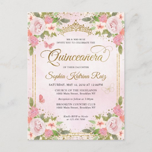 Elegante bloemenblush roze goud tiara quinceañera briefkaart (Voorkant)