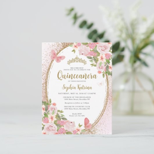 Elegante bloemenblush roze goud tiara quinceañera briefkaart (Staand voorkant)