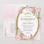 Elegante bloemenblush roze goud tiara quinceañera briefkaart (Voorkant / Achterkant)