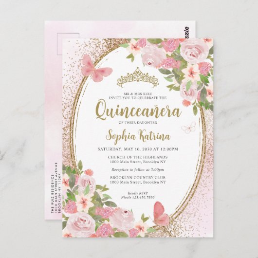 Elegante bloemenblush roze goud tiara quinceañera briefkaart (Voorkant / Achterkant)