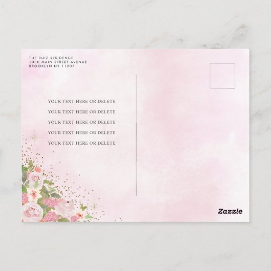 Elegante bloemenblush roze goud tiara quinceañera briefkaart (Achterkant)