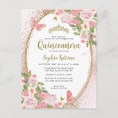 Elegante bloemenblush roze goud tiara quinceañera briefkaart (Voorkant)