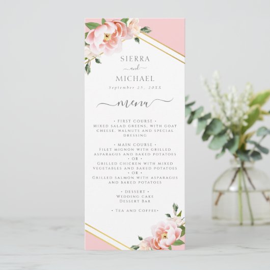 Elegante bloemenblush roze gouden bruiloft recepti menu