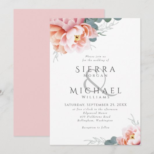 Elegante bloemenblush roze pioen groen bruiloft kaart (Voorkant / Achterkant)