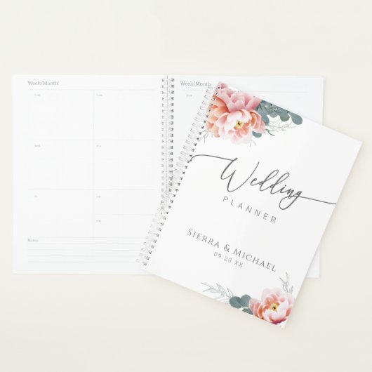 Elegante bloemenblush roze pioen groen bruiloft planner (Display)
