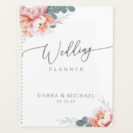 Elegante bloemenblush roze pioen groen bruiloft planner