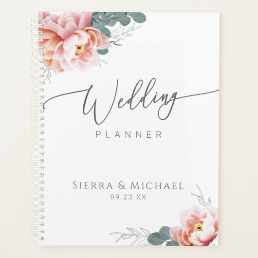 Elegante bloemenblush roze pioen groen bruiloft planner (Voorkant)