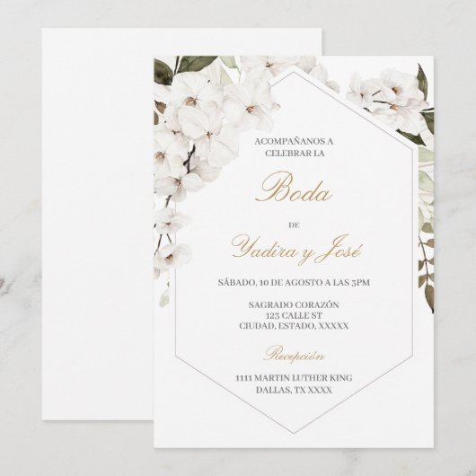 Elegante bloemenboho bruiloft Spaanse uitnodiging (Voorkant / Achterkant)