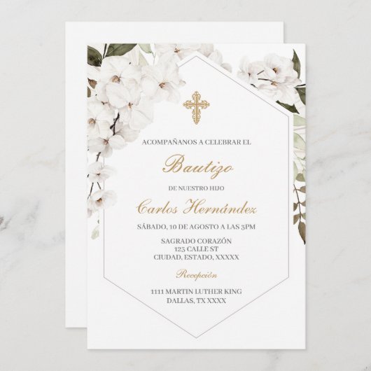 Elegante bloemenboho doop Spaanse uitnodiging (Voorkant / Achterkant)