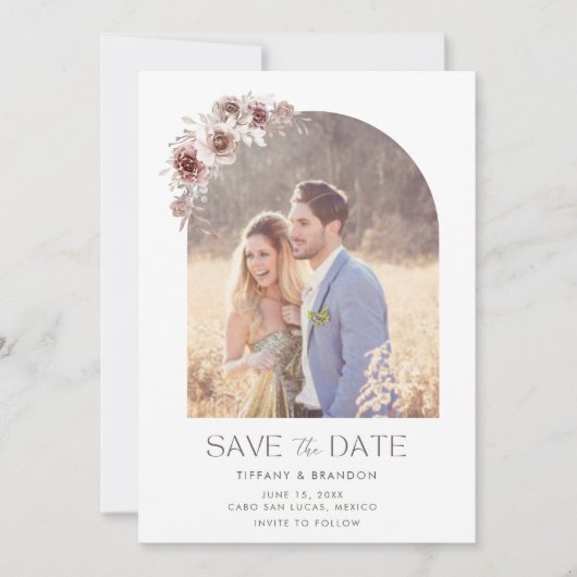 Elegante bloemenboog foto bruiloft save the date (Voorkant)
