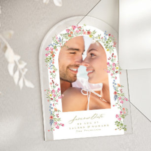 Elegante bloemenboog foto save our date bruiloft acryl uitnodigingen