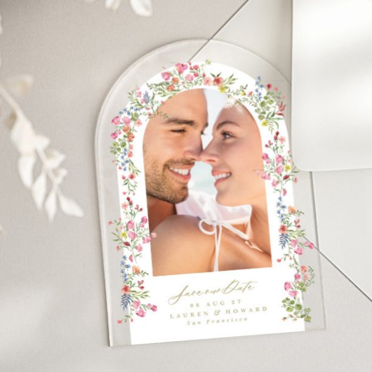 Elegante bloemenboog foto save our date bruiloft acryl uitnodigingen