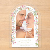 Elegante bloemenboog foto save our date bruiloft acryl uitnodigingen (Voorkant)
