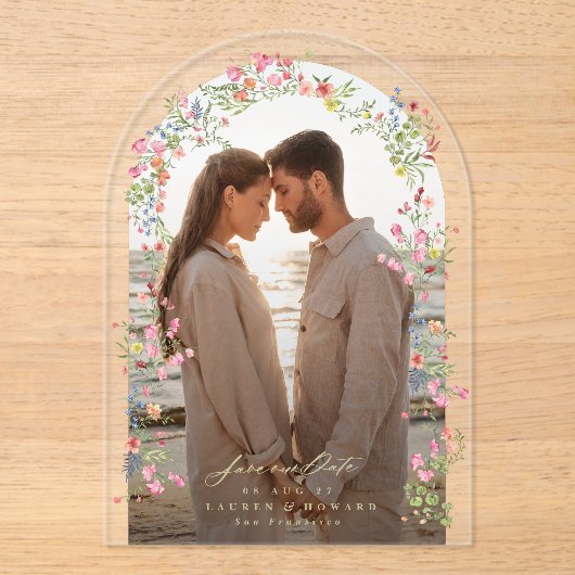 Elegante bloemenboog foto Sla de datum bruiloft Acryl Uitnodigingen (Voorkant)