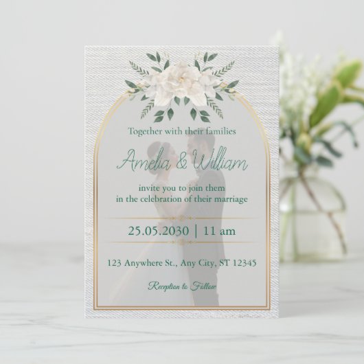 Elegante Bloemenboog Huwelijksuitnodiging met Goud Kaart (Staand voorkant)