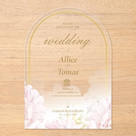 Elegante Bloemenboog Huwelijksuitnodiging op Acryl Acryl Uitnodigingen (Voorkant)
