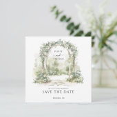Elegante bloemenboog tuin bruiloft save the date (Staand voorkant)