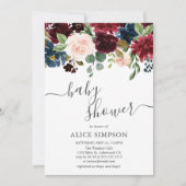Elegante bloemenbordeaux en blauw Baby shower Kaart (Voorkant)