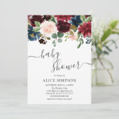 Elegante bloemenbordeaux en blauw Baby shower Kaart (Staand voorkant)