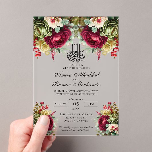Elegante bloemenbordeaux Rozen islamitische bruilo Acryl Uitnodigingen (Insitu (Draagbaar))