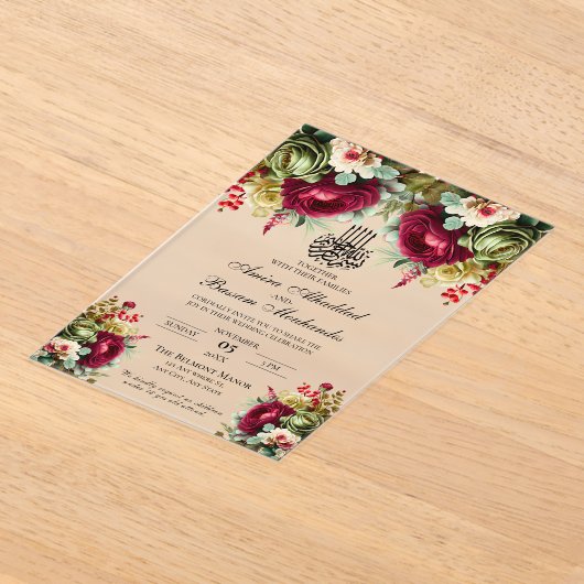 Elegante bloemenbordeaux Rozen islamitische bruilo Acryl Uitnodigingen (Laagn)