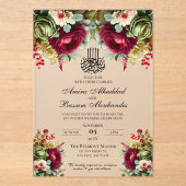 Elegante bloemenbordeaux Rozen islamitische bruilo Acryl Uitnodigingen (Voorkant)