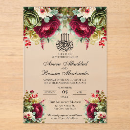 Elegante bloemenbordeaux Rozen islamitische bruilo Acryl Uitnodigingen