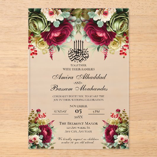 Elegante bloemenbordeaux Rozen islamitische bruilo Acryl Uitnodigingen (Voorkant)