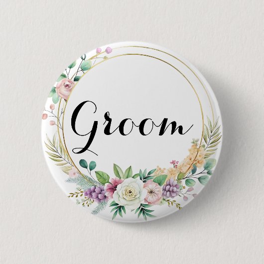 Elegante Bloemenbruidegom Button – aangepaste teks (Voorkant)