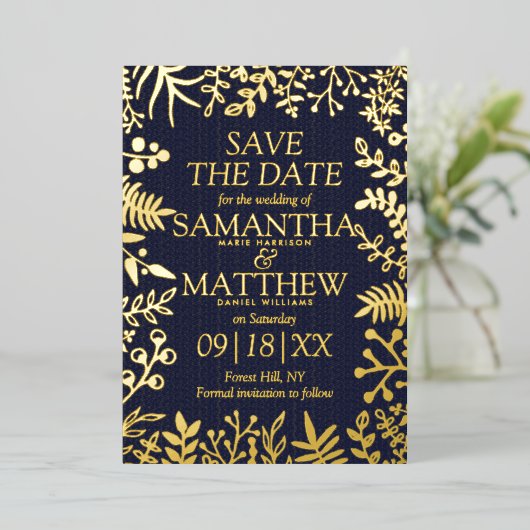 Elegante bloemenbruiloft Bewaar de echte datum Folie Uitnodiging (Staand Voorkant)