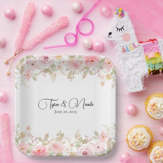 Elegante bloemenbruiloft gepersonaliseerde bruilof papieren bordje (Feest)