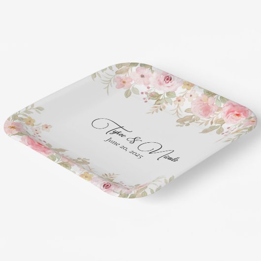 Elegante bloemenbruiloft gepersonaliseerde bruilof papieren bordje (Gebogen)