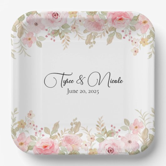 Elegante bloemenbruiloft gepersonaliseerde bruilof papieren bordje (Voorkant)