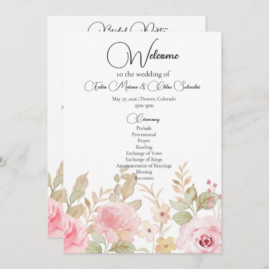 Elegante bloemenbruiloft gepersonaliseerde bruilof programmakaart (Voorkant / Achterkant)