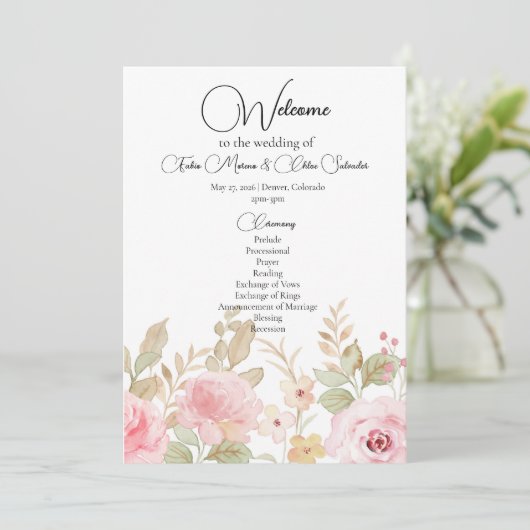 Elegante bloemenbruiloft gepersonaliseerde bruilof programmakaart (Staand voorkant)